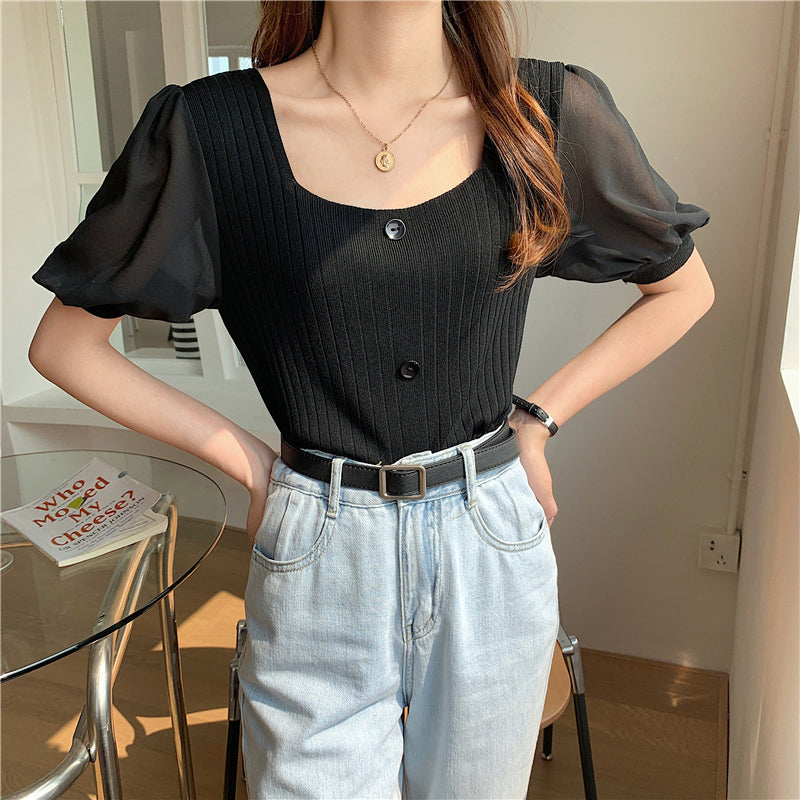 📺︎︎  CGE927-88B 雪紡泡泡袖方領短款短袖針織上衣(5色)