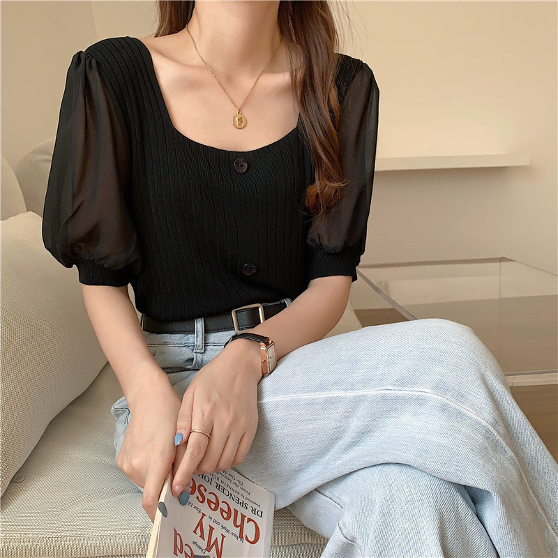 📺︎︎  CGE927-88B 雪紡泡泡袖方領短款短袖針織上衣(5色)