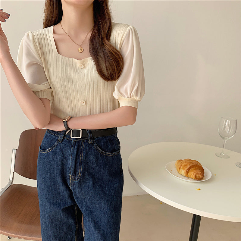 📺︎︎  CGE927-88B 雪紡泡泡袖方領短款短袖針織上衣(5色)