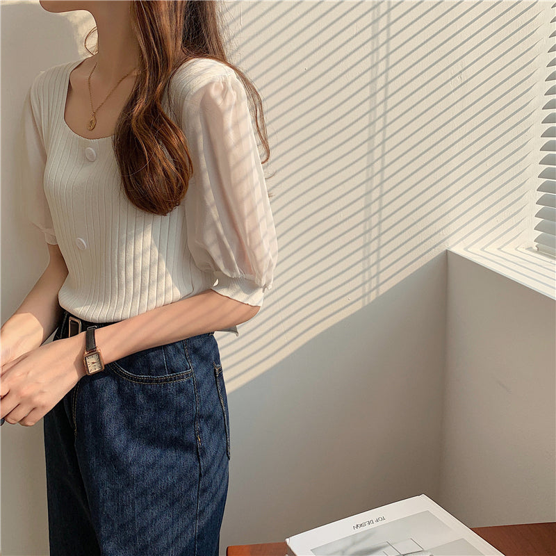 📺︎︎  CGE927-88B 雪紡泡泡袖方領短款短袖針織上衣(5色)