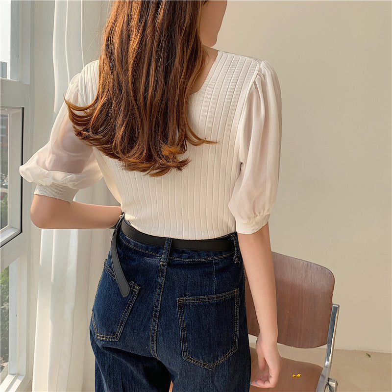 📺︎︎  CGE927-88B 雪紡泡泡袖方領短款短袖針織上衣(5色)