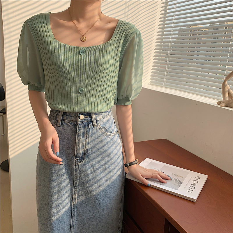 📺︎︎  CGE927-88B 雪紡泡泡袖方領短款短袖針織上衣(5色)