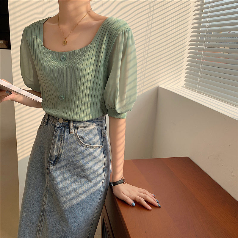 📺︎︎  CGE927-88B 雪紡泡泡袖方領短款短袖針織上衣(5色)