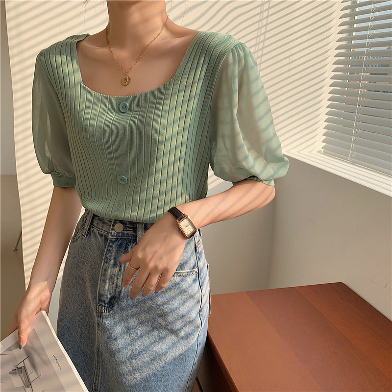 📺︎︎  CGE927-88B 雪紡泡泡袖方領短款短袖針織上衣(5色)