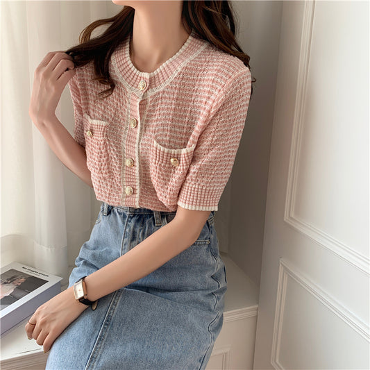 CGE917-88B 薄款針織開衫毛衣短款短袖上衣(4色)