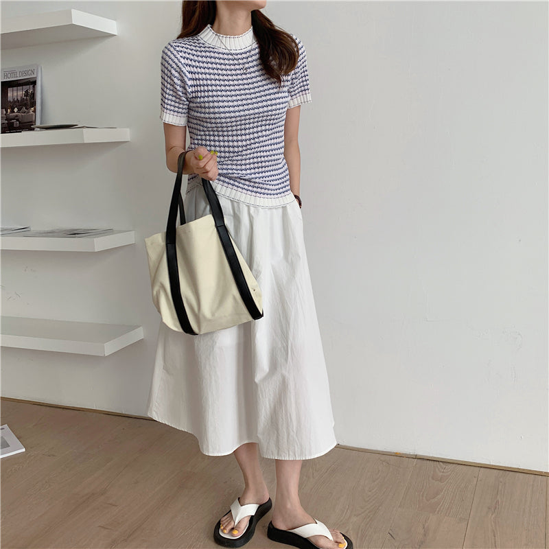 CGE940-88B 撞色波浪條紋冰絲打底衫短袖針織百搭T恤(2色)