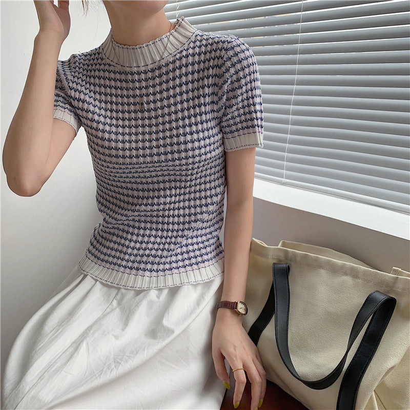 CGE940-88B 撞色波浪條紋冰絲打底衫短袖針織百搭T恤(2色)