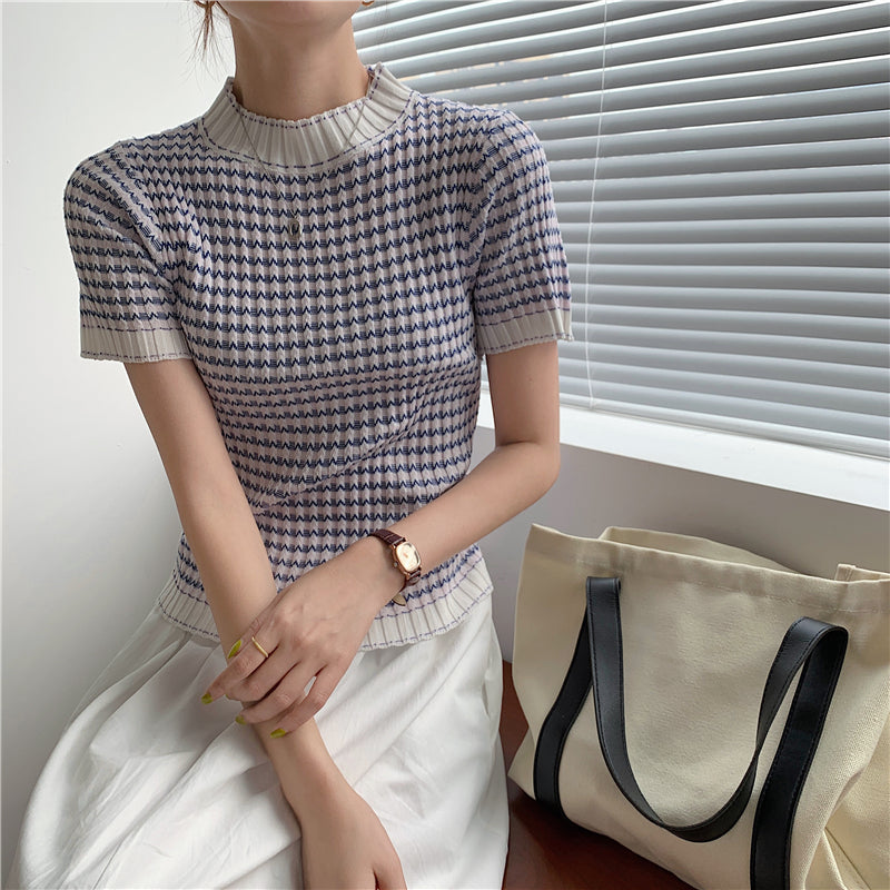 CGE940-88B 撞色波浪條紋冰絲打底衫短袖針織百搭T恤(2色)