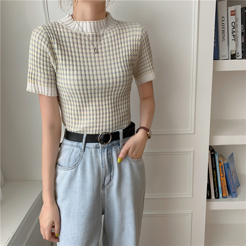 CGE940-88B 撞色波浪條紋冰絲打底衫短袖針織百搭T恤(2色)