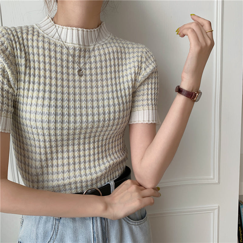 CGE940-88B 撞色波浪條紋冰絲打底衫短袖針織百搭T恤(2色)