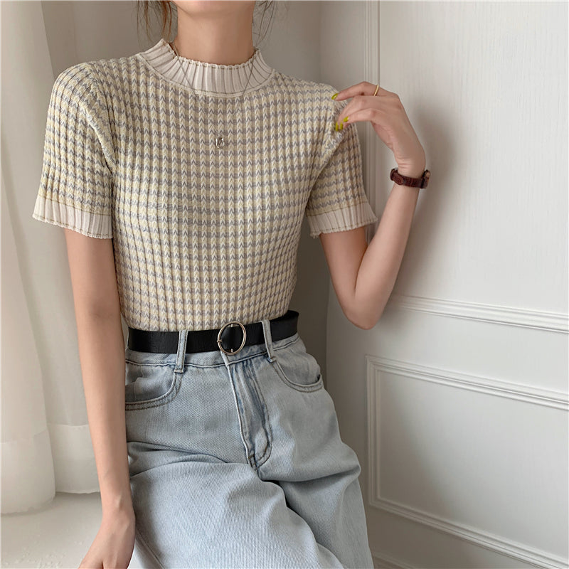 CGE940-88B 撞色波浪條紋冰絲打底衫短袖針織百搭T恤(2色)