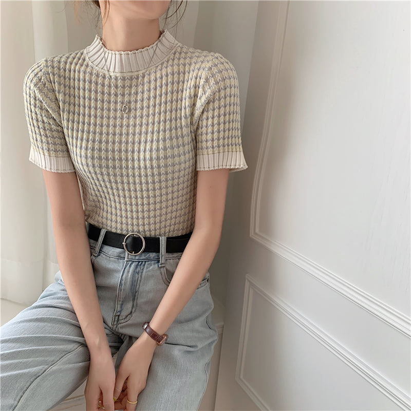 CGE940-88B 撞色波浪條紋冰絲打底衫短袖針織百搭T恤(2色)