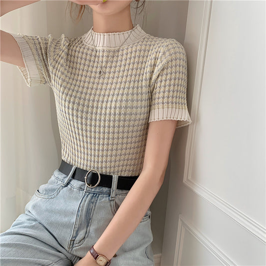 CGE940-88B 撞色波浪條紋冰絲打底衫短袖針織百搭T恤(2色)