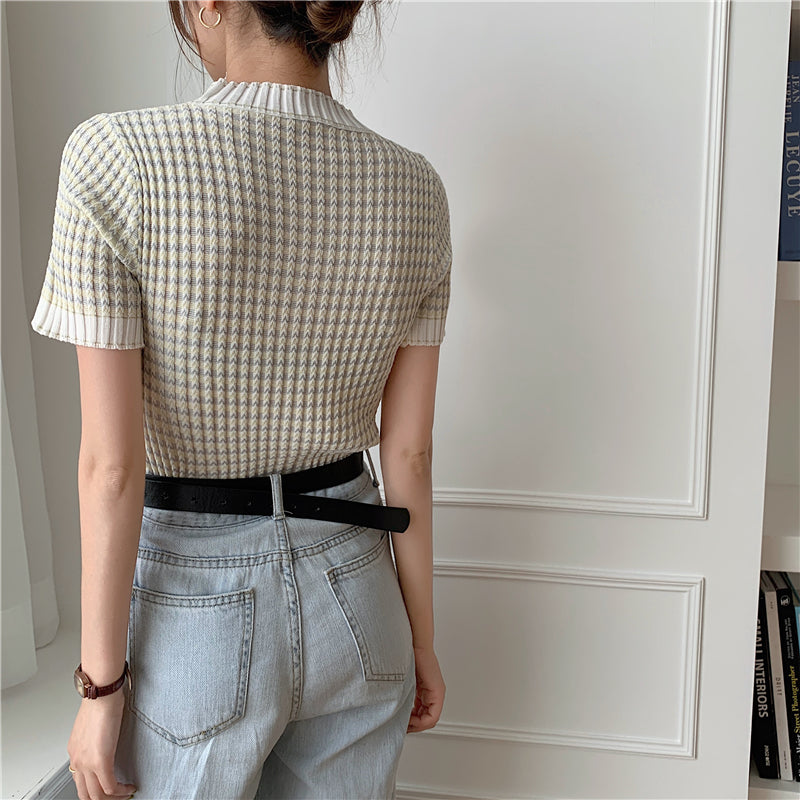 CGE940-88B 撞色波浪條紋冰絲打底衫短袖針織百搭T恤(2色)