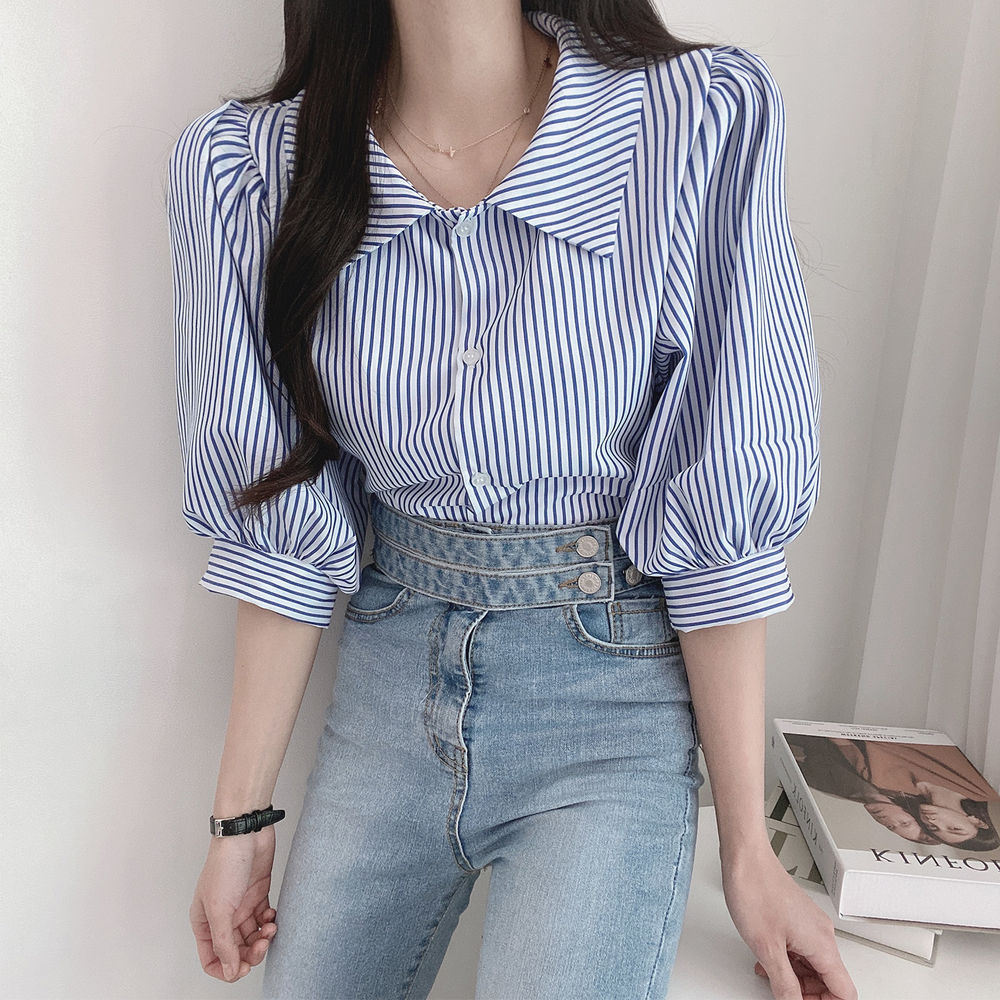 CGE6301-68B 復古五分袖條紋襯衫(2色)