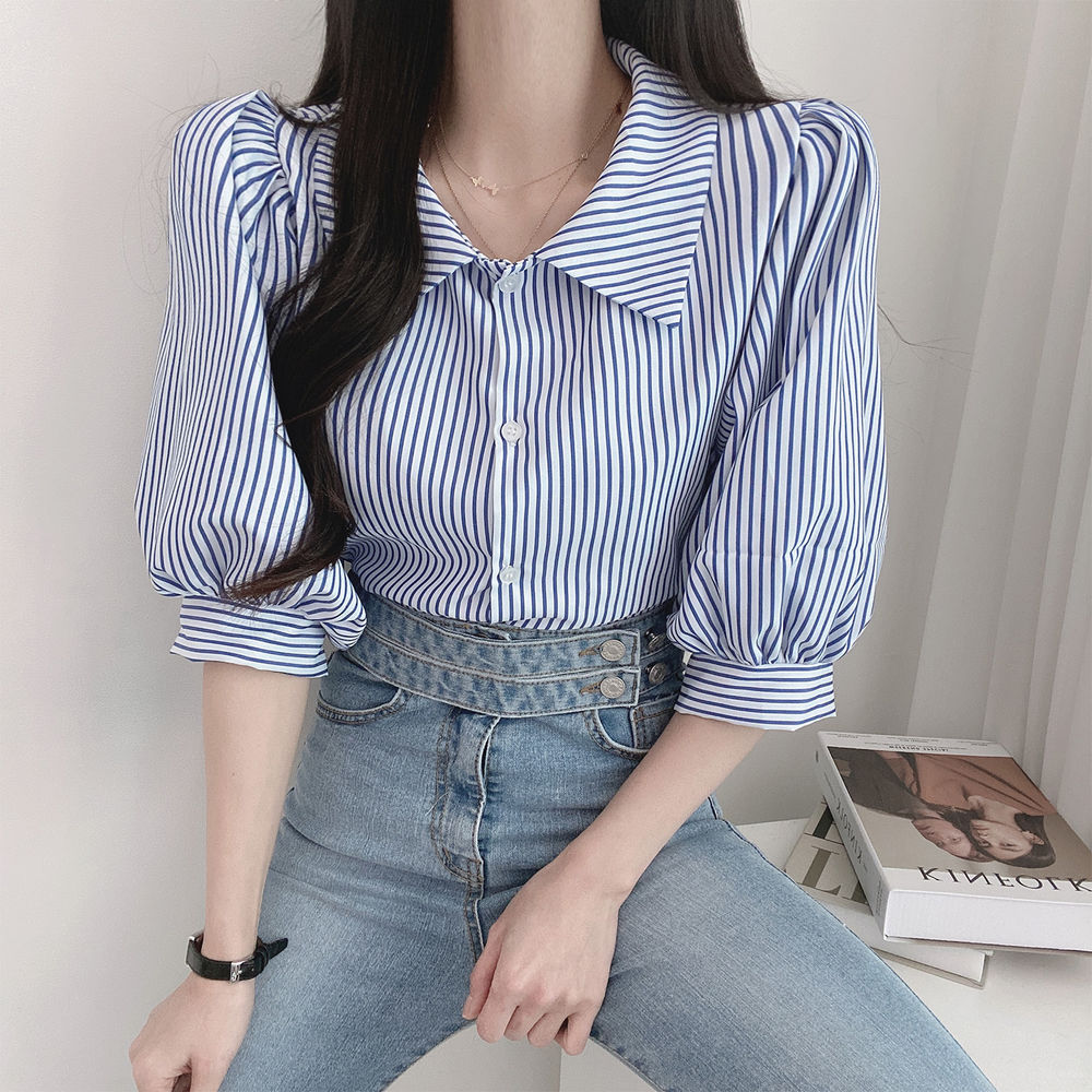 CGE6301-68B 復古五分袖條紋襯衫(2色)