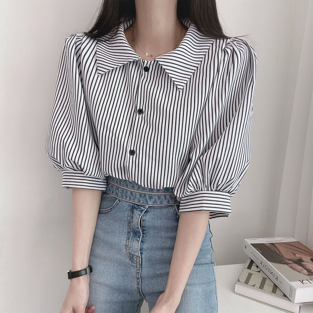 CGE6301-68B 復古五分袖條紋襯衫(2色)