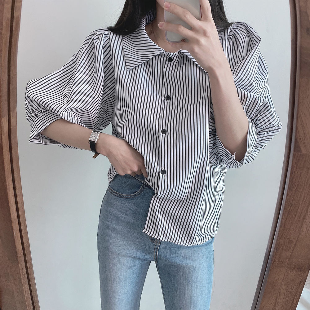 CGE6301-68B 復古五分袖條紋襯衫(2色)