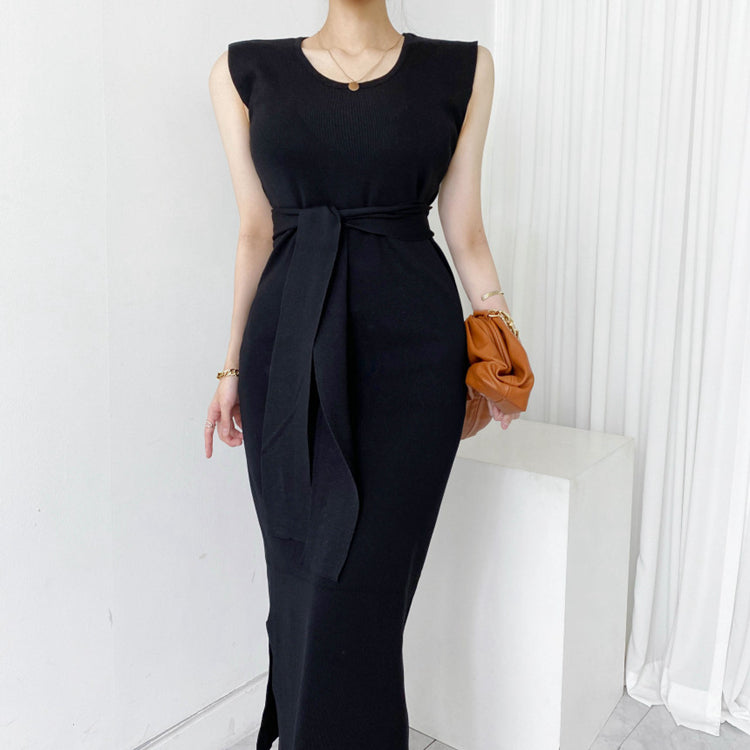 CGB3268-40B 氣質系帶圓領長裙開叉連衣裙(3色)