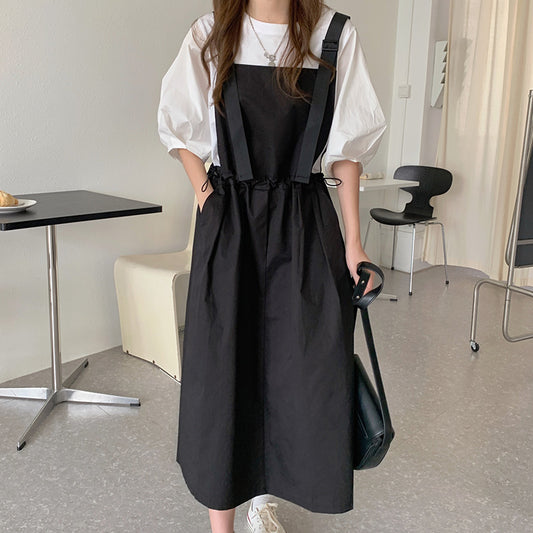 CGB0308-38B 簡約設計感純色泡泡袖T恤+工裝背帶裙套裝(2色)CGE