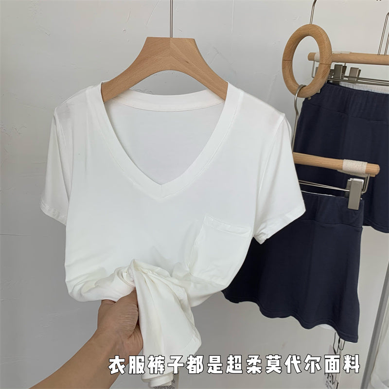 📺︎︎ CGE4016-98B 垂墜感鎖骨T恤夏寬鬆中長款短袖V領上衣(3色)