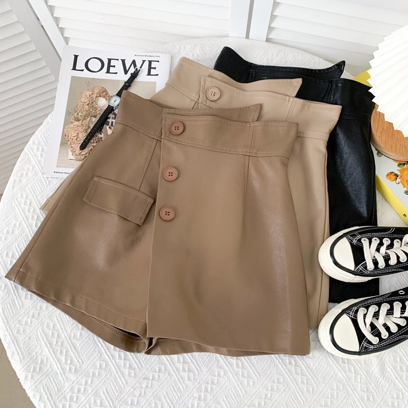 CGS9630-36H 不規則高腰春秋百搭A字包臀皮裙(3色)