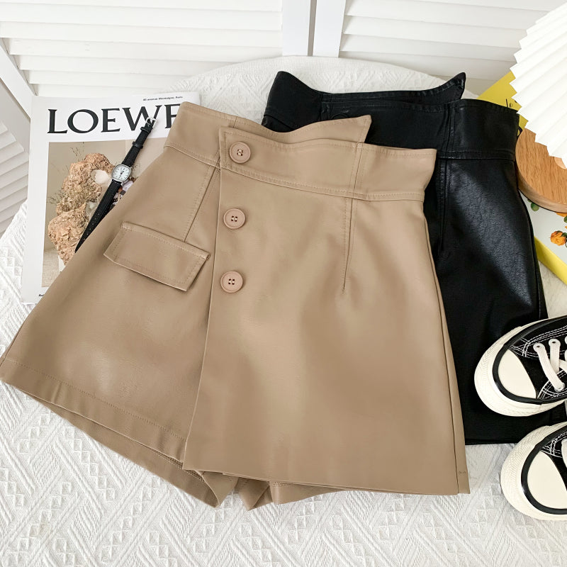 CGS9630-36H 不規則高腰春秋百搭A字包臀皮裙(3色)