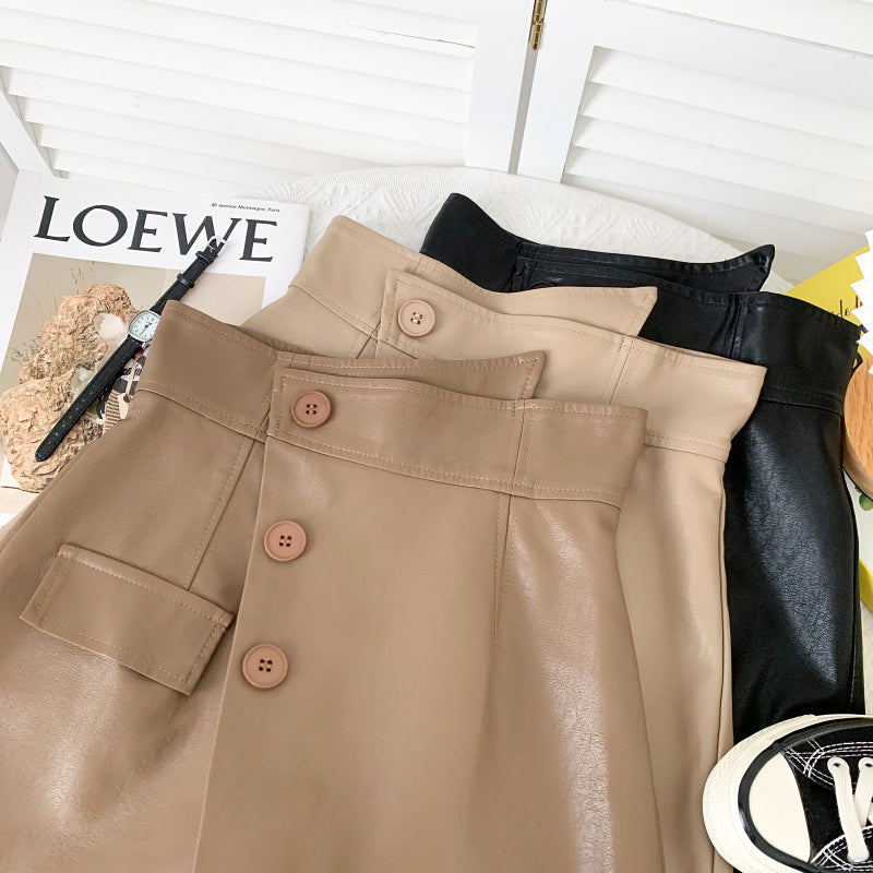 CGS9630-36H 不規則高腰春秋百搭A字包臀皮裙(3色)