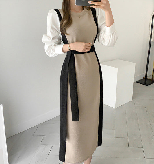 CGB6726-68B 秋冬復古拼色針織連衣裙(2色)