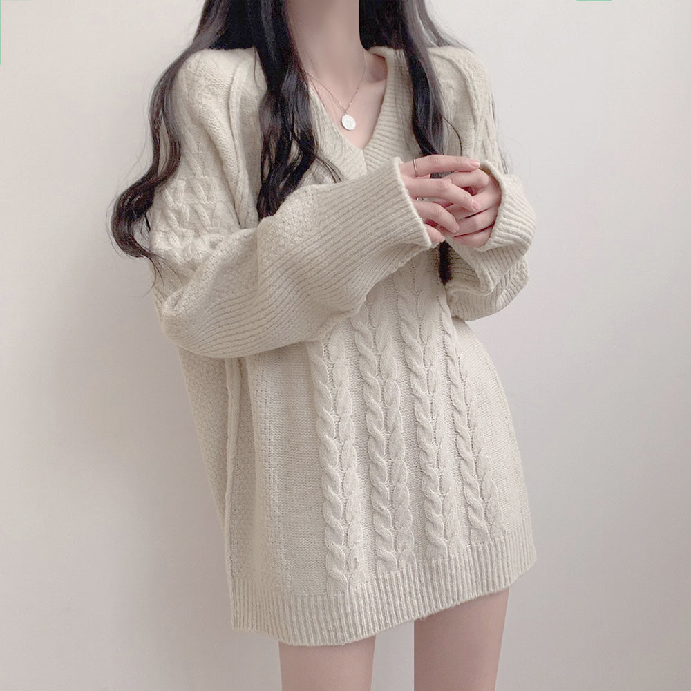 CGD003037-35B 麻花中長款毛衣裙百搭V領針織上衣(4色)