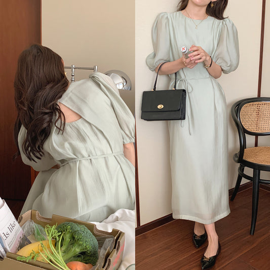 CGB1189-57B 復古泡泡袖鏤空設計系帶連衣裙(4色)