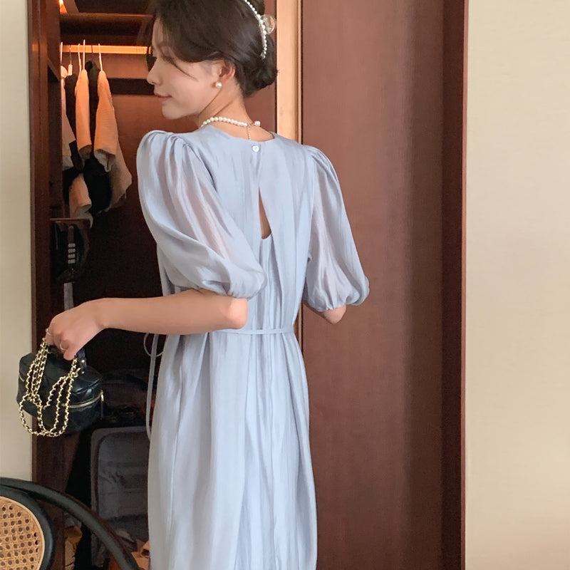 CGB1189-57B 復古泡泡袖鏤空設計系帶連衣裙(4色)