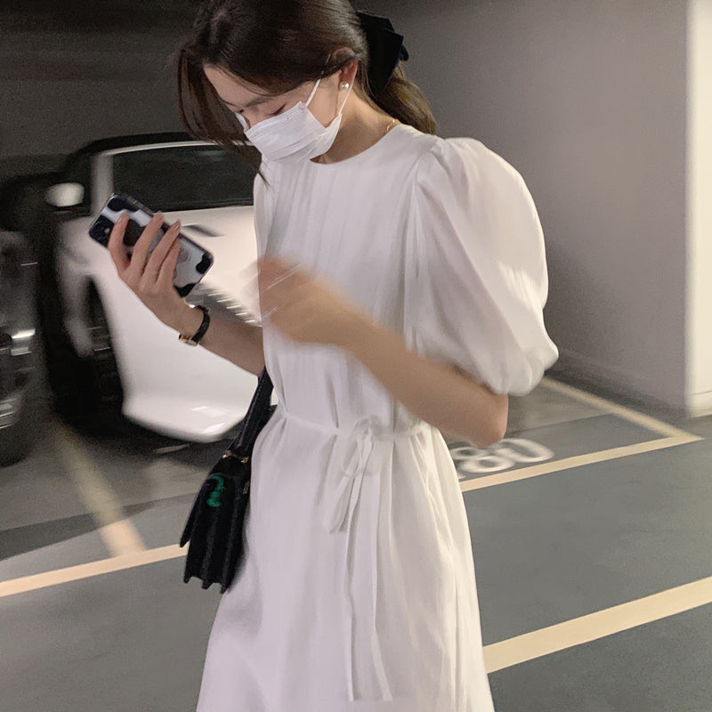 CGB1189-57B 復古泡泡袖鏤空設計系帶連衣裙(4色)