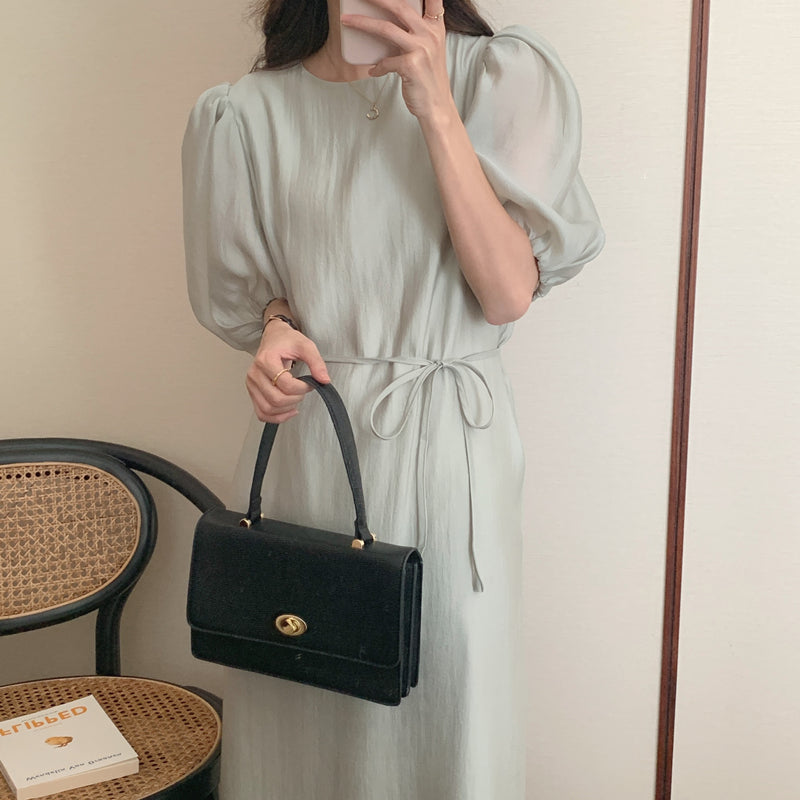 CGB1189-57B 復古泡泡袖鏤空設計系帶連衣裙(4色)