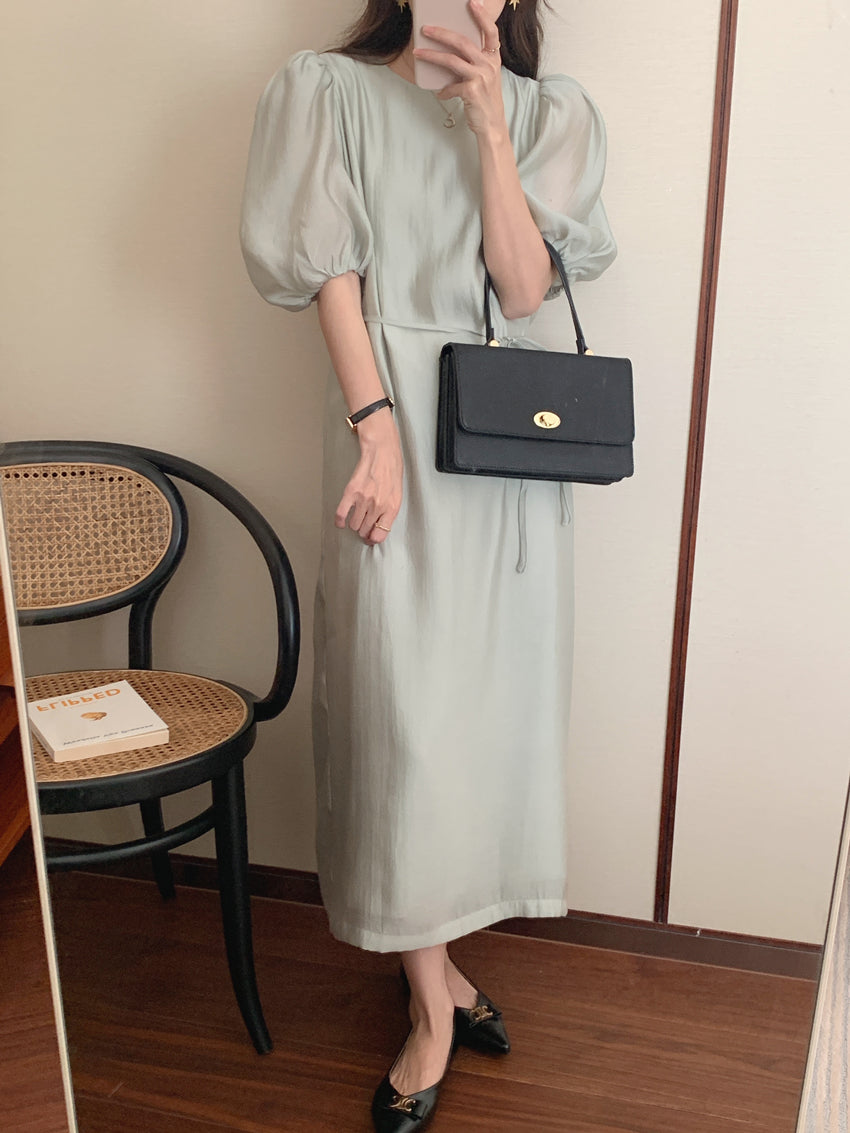 CGB1189-57B 復古泡泡袖鏤空設計系帶連衣裙(4色)