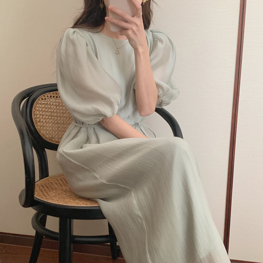 CGB1189-57B 復古泡泡袖鏤空設計系帶連衣裙(4色)