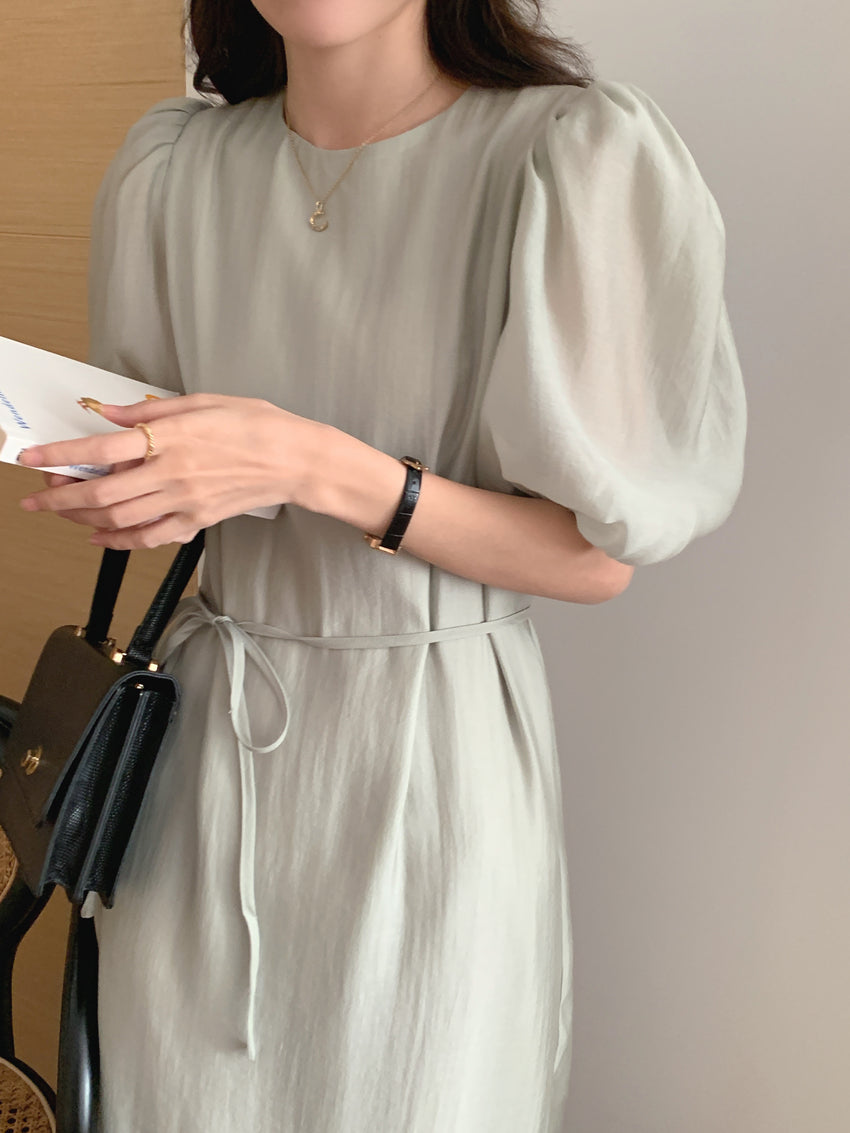 CGB1189-57B 復古泡泡袖鏤空設計系帶連衣裙(4色)