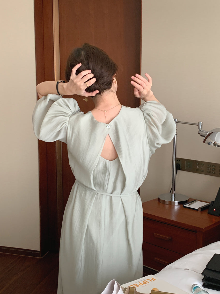 CGB1189-57B 復古泡泡袖鏤空設計系帶連衣裙(4色)