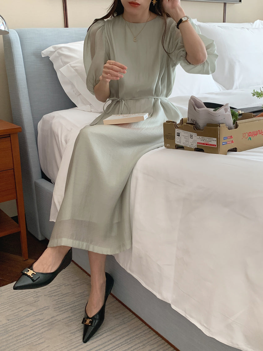 CGB1189-57B 復古泡泡袖鏤空設計系帶連衣裙(4色)