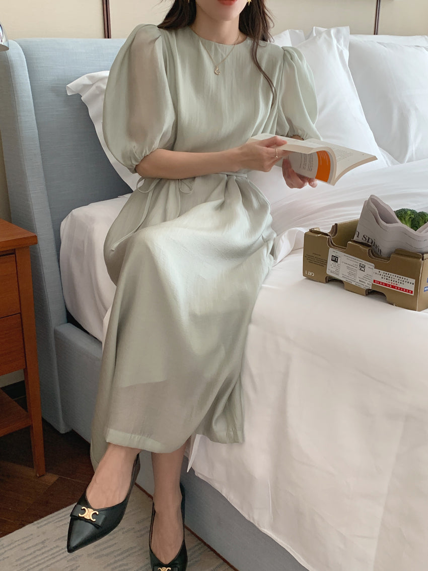 CGB1189-57B 復古泡泡袖鏤空設計系帶連衣裙(4色)