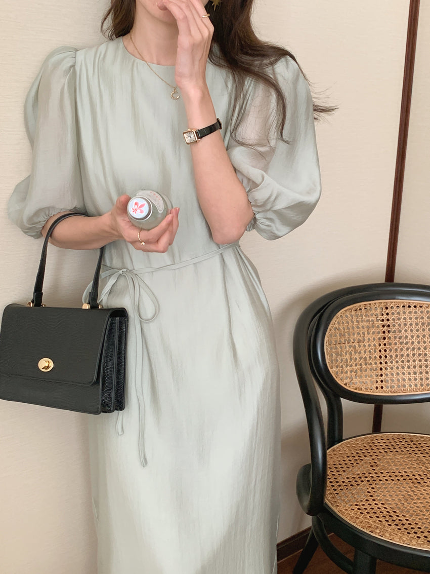 CGB1189-57B 復古泡泡袖鏤空設計系帶連衣裙(4色)