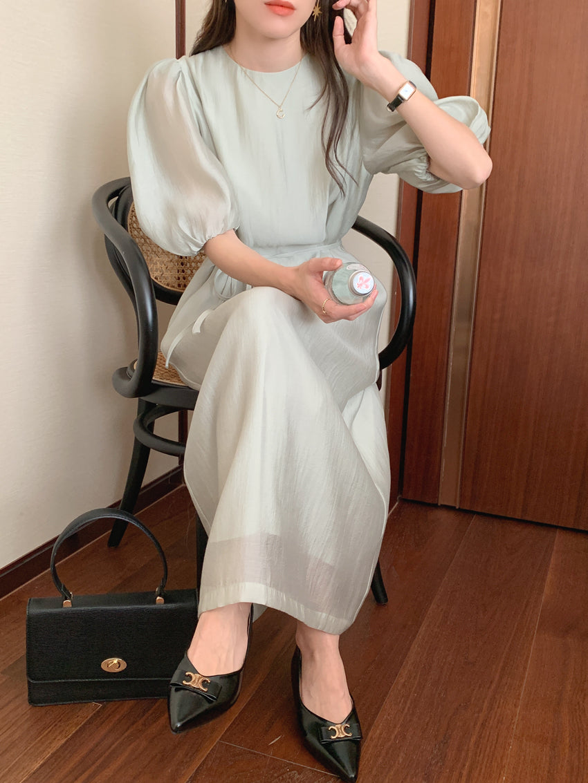 CGB1189-57B 復古泡泡袖鏤空設計系帶連衣裙(4色)