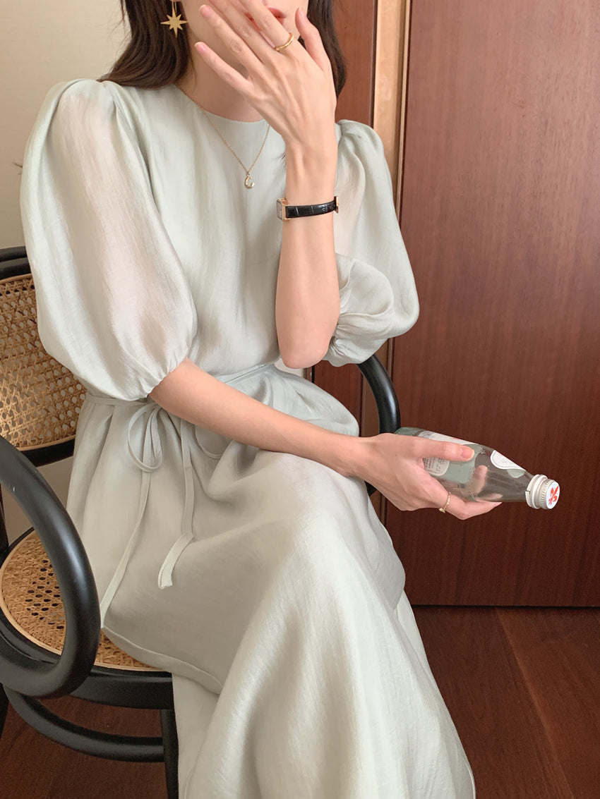 CGB1189-57B 復古泡泡袖鏤空設計系帶連衣裙(4色)