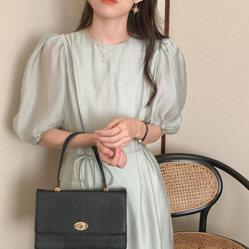 CGB1189-57B 復古泡泡袖鏤空設計系帶連衣裙(4色)