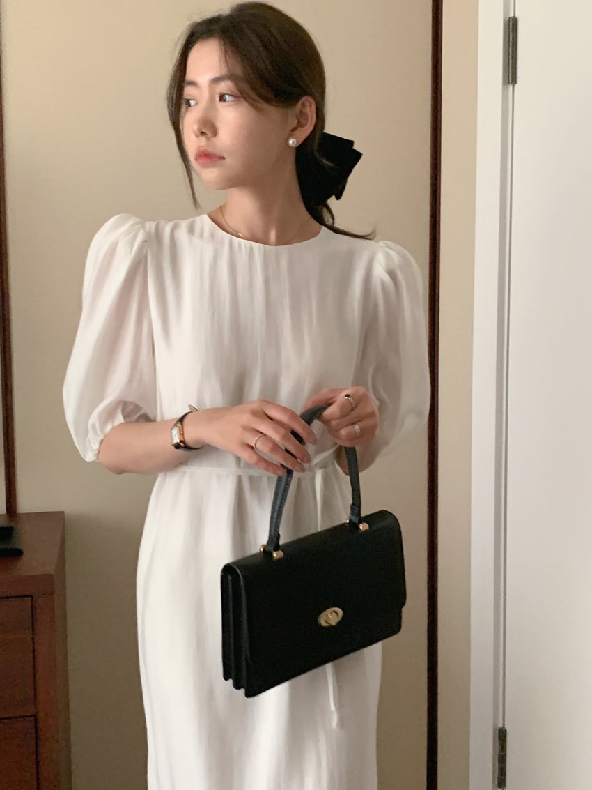 CGB1189-57B 復古泡泡袖鏤空設計系帶連衣裙(4色)