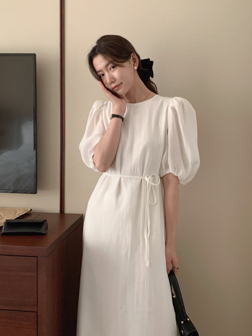 CGB1189-57B 復古泡泡袖鏤空設計系帶連衣裙(4色)