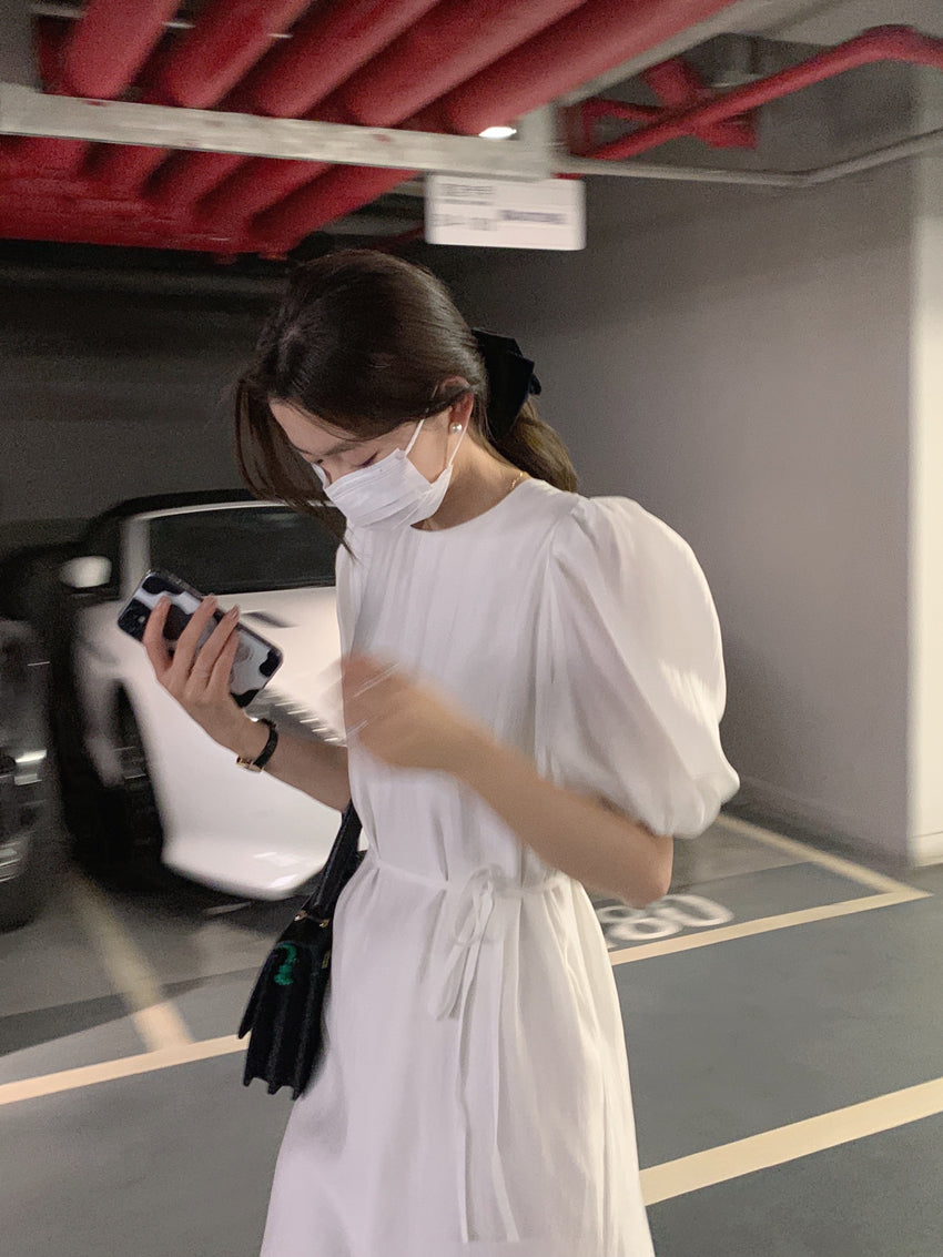 CGB1189-57B 復古泡泡袖鏤空設計系帶連衣裙(4色)