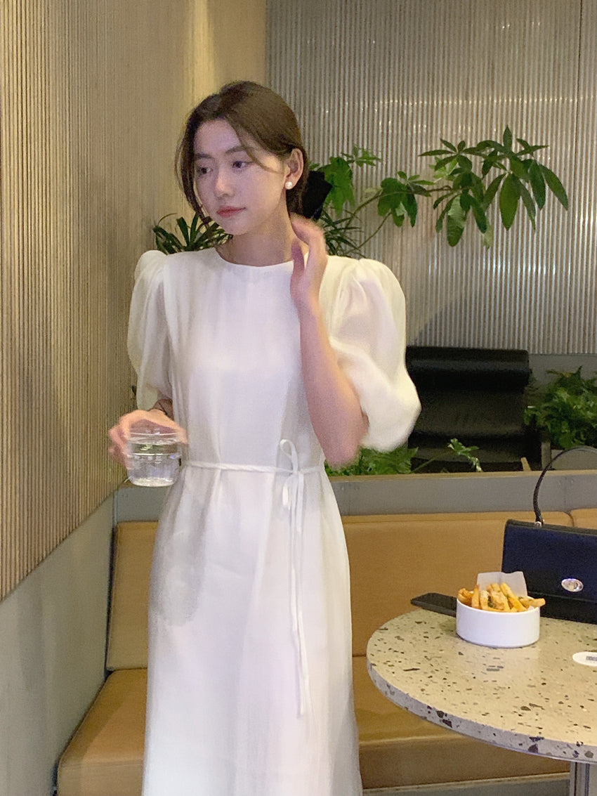 CGB1189-57B 復古泡泡袖鏤空設計系帶連衣裙(4色)