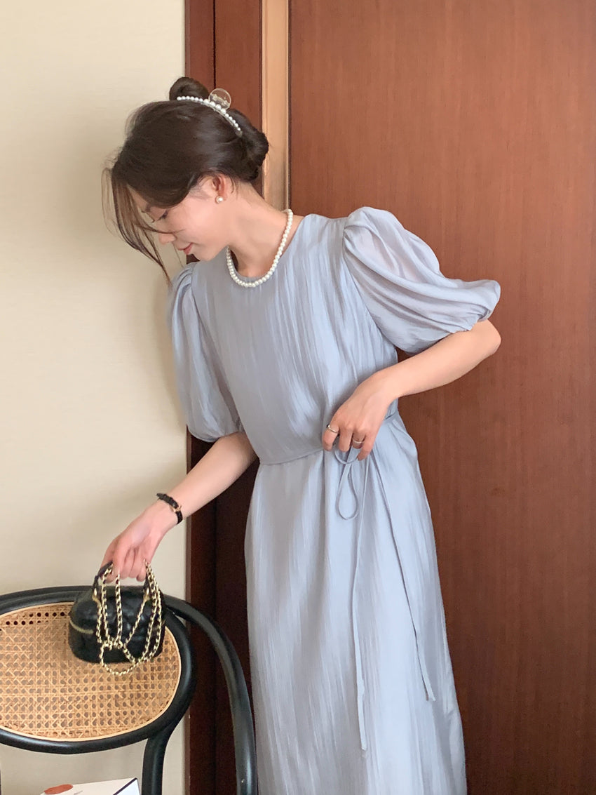 CGB1189-57B 復古泡泡袖鏤空設計系帶連衣裙(4色)