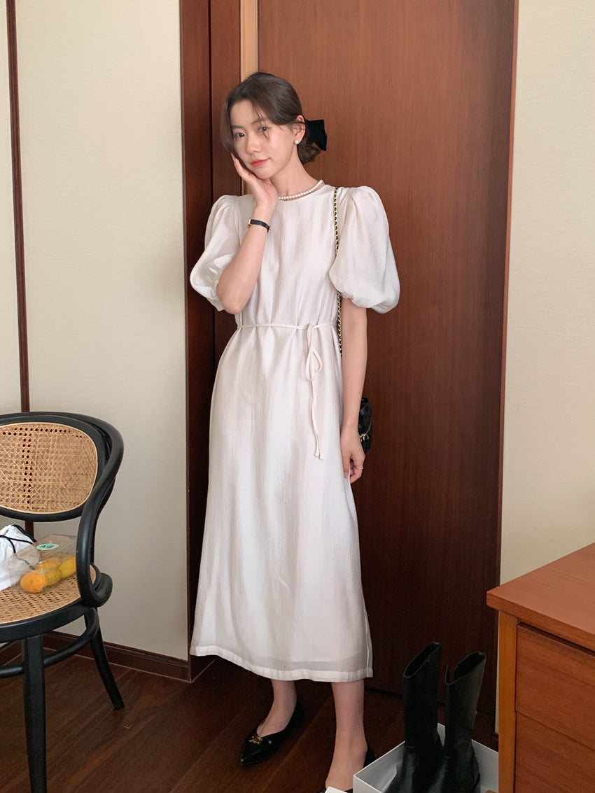 CGB1189-57B 復古泡泡袖鏤空設計系帶連衣裙(4色)